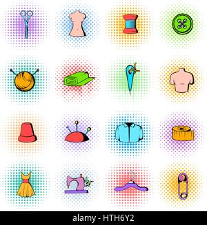Tailor elements icons set, comics style Stock Vector