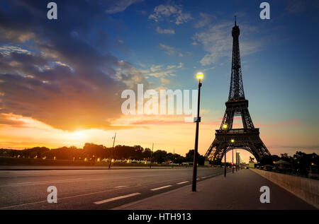 Cloudy sunrise in Paris over Eiffel Tower, France Stock Photo