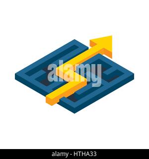 Yellow path with arrow across labyrinth icon Stock Vector