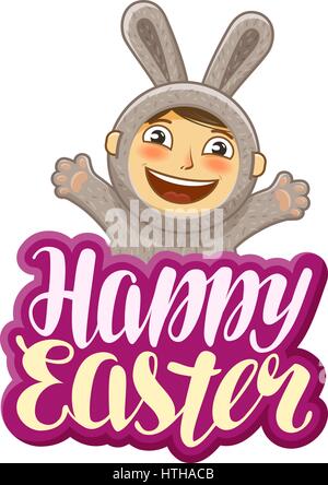 Happy Easter, greeting card. Funny rabbit, holiday label. Lettering, calligraphy vector illustration Stock Vector