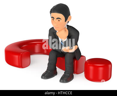 3d business people illustration. Businessman thoughtful sitting on a question mark. Isolated white background. Stock Photo