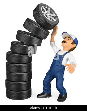 3d working people illustration. Mechanic with a pile of tires falling on top. Work accidents. Isolated white background. Stock Photo