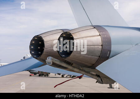 Close up of the rear exhaust of a Boeing F/A-18 Hornet on July 25th 2010 at Farnborough, Hampshire, UK Stock Photo