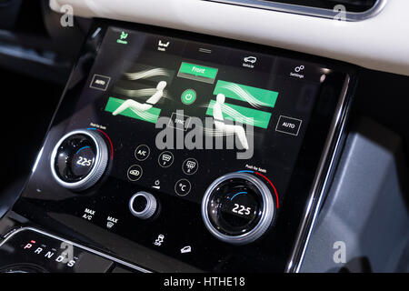 Detail of digital dashboard display inside new Land Rover Velar at 87th Geneva International Motor Show in Geneva Switzerland 2017 Stock Photo