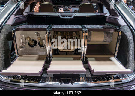 Bentley Bentayga SUV Mulliner luxury special edition with drinks and picnic compartment at 87th Geneva International Motor Show in Geneva Switzerland Stock Photo