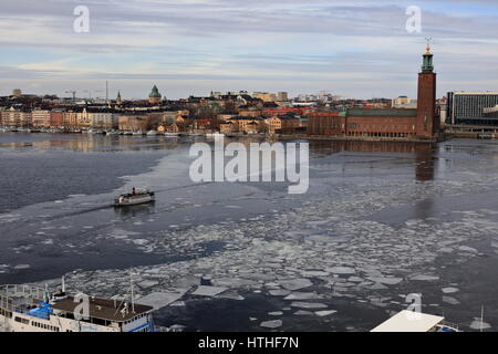 Stockholm in early spring with partially frozen sea, taken from Södermalm Stock Photo