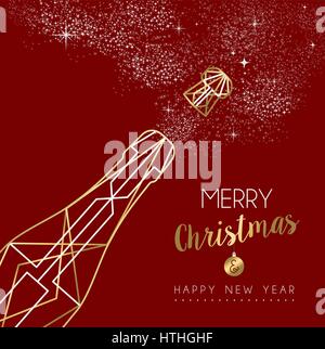 Merry christmas happy new year gold champagne bottle design in art deco outline style. Ideal for xmas greeting card or holiday poster. EPS10 vector. Stock Vector