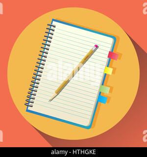 Vector flat icon of notebook with spiral and neon bookmark stickers. Yellow pencil is laying on top. Stock Vector