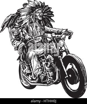 An hand drawn vector, freehand sketching. Native American couple, lovers, drive a motorycle. (The bike is not specific brand - something as a common c Stock Vector