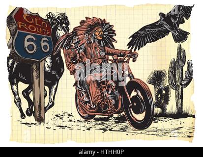 An hand drawn vector, freehand sketching. Native American couple, lovers, drive a motorycle. Paper riders. (The bike is not specific brand - something Stock Vector