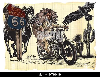 An hand drawn vector, freehand sketching. Native American couple, lovers, drive a motorcycle. Paper riders. Note - The bike is not specific brand - so Stock Vector