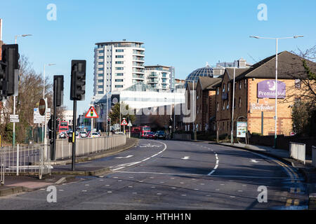 The A1251 Romford ring road, with Premier Inn hotel and Beefeater pub with shopping and apartments in the Background, London, UK Stock Photo