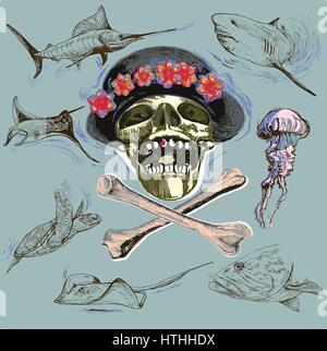 Pirate skull and underwater life - an hand drawn vector. Freehand sketching. Stock Vector