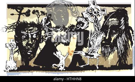 Midnight dancers, voodoo night - an hand drawn vector. Freehand sketching. Dancing lovers in the middle of horror faces. Churchyard dancers. Stock Vector