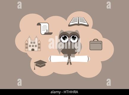 College education concept with an owl. Wise owl on a diploma. Open book, bag, school building, cap. Graduation concept. Vector illustration,flat style. Stock Vector