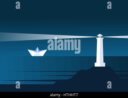 Lighthouse and a paper boat in the night. Guidelines, searchlight,daring, caution, courage, concept. Navigation beacon building on a seashore rock. Stock Vector