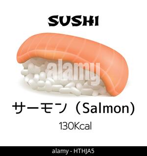 Sushi salmon nigiri close-up isolated on white background. Dietary meals with calorie content. Japan traditions vector objects in realistic style. Jap Stock Vector