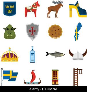 Sweden travel set icons in flat style isolated on white background Stock Vector