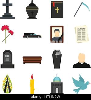 Funeral set icons in flat style isolated on white background Stock Vector