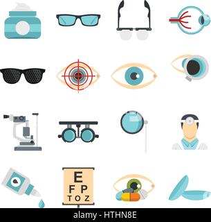 Ophthalmologist tools set icons in flat style isolated on white background Stock Vector