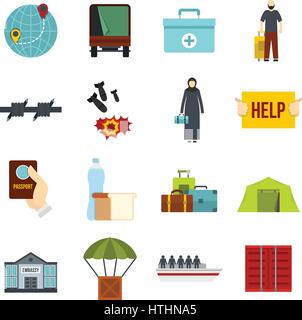 Refugees problem set icons in flat style isolated on white background Stock Vector