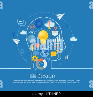 Concept of big ideas inspiration innovation, invention, effective thinking, text. Infographic in line style with flat set business icon, vector Stock Vector