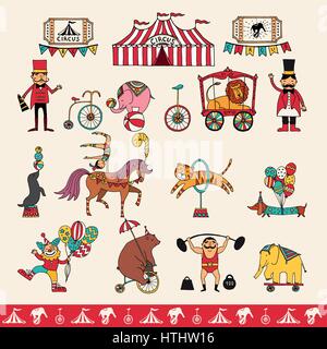 Vector set with hand drawn isolated doodles on the theme of performance. illustrations of circus symbols. Sketches for use in design, web site, packin Stock Vector