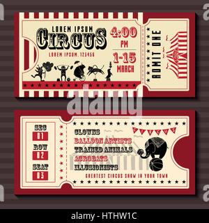 Circus show horizontal tickets front and back side vector templates in vintage style with sample text on dark textured background Stock Vector