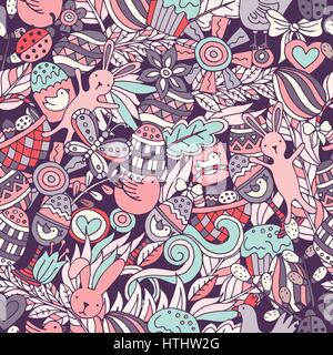 Cartoon hand-drawn doodles on the subject Easter theme seamless pattern. Line art sketch detailed, with lots of objects vector background Stock Vector