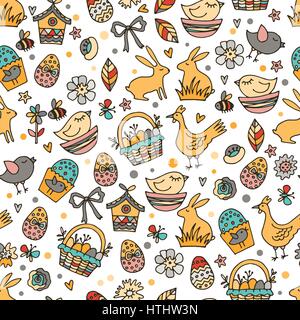 Cartoon vector hand drawn Doodle Happy Easter illustration. Seamless pattern. Stock Vector