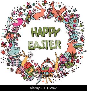 Cartoon vector hand drawn Doodle Happy Easter illustration. Stock Vector