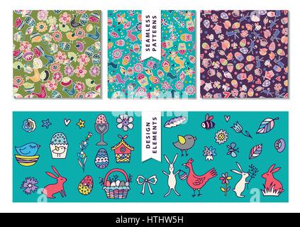 Vector Easter seamless patterns. A set of elements to create the pattern. Stock Vector