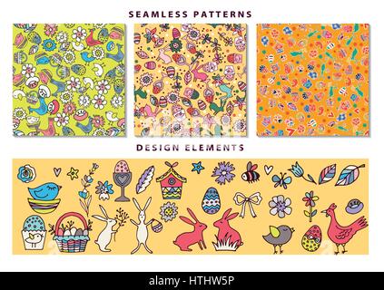 Vector Easter seamless patterns. A set of elements to create the pattern. Stock Vector