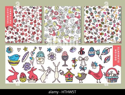 Vector Easter seamless patterns. A set of elements to create the pattern. Stock Vector