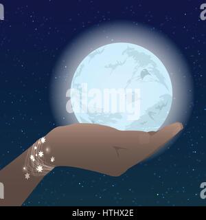 Hand holding the moon on the stars sky. Illustration on white easy to separate background for your design Stock Vector