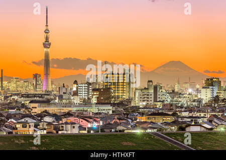 Tokyo, Japan skyline with Mt. Fuji and tower. Stock Photo