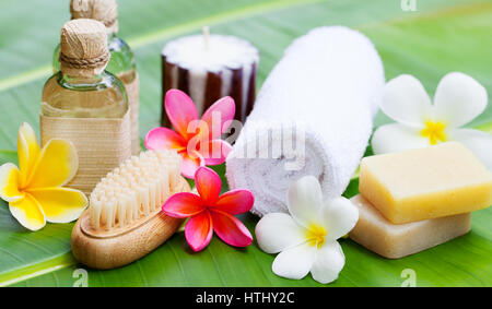 Spa, wellness setting with fresh flowers on a palm leaf background. Stock Photo