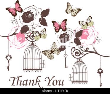vector illustration of a vintage thank you card with butterflies, roses, branches Stock Vector
