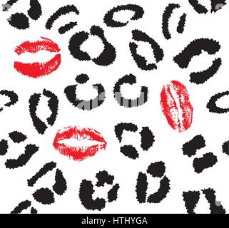 vector illustration of a seamless leopard pattern black and white with red lipstick kisses Stock Vector
