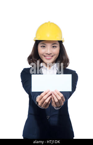 Smiling architect woman hold blank paper. Isolated portrait. Stock Photo
