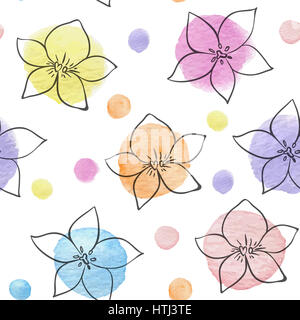 Hand drawn abstract floral seamless pattern with watercolor blots and flowers Stock Photo