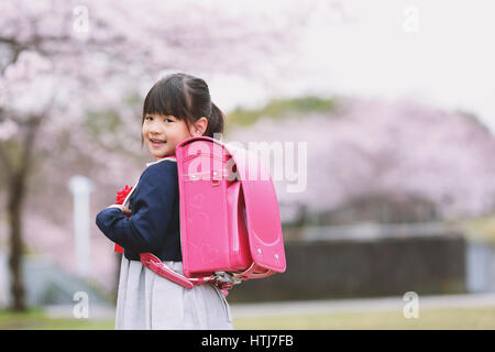 Japanese kid with cherry blossoms in a city park Stock Photo