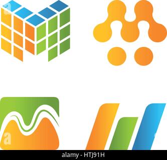 Isolated abstract blue, orange and green color stylized letter m logo collection, alphabet element logotype set vector illustration. Stock Vector