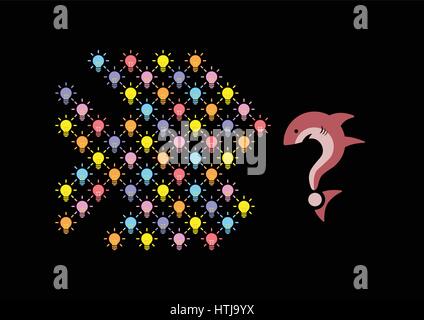 Multicolor small light bulbs grouped into a big fish shape to eat question mark shaped shark Stock Vector
