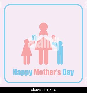 Girl and boy giving mom mother's day presents in stick figure style. Stock Vector