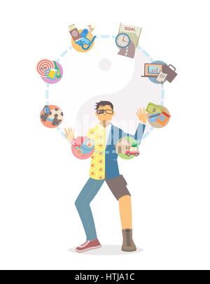 Man in separate clothing juggling life tasks with yin yang on white background Stock Vector