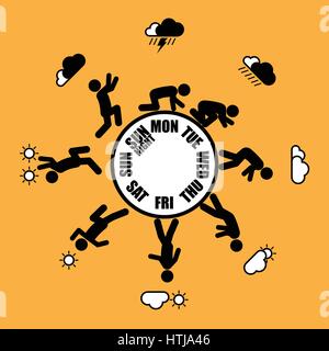 Abstract working life cycle wheel from Monday to Sunday concept in black stick figure style on yellow background Stock Vector