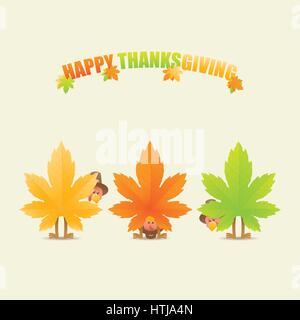 Colorful happy thanksgiving celebration with turkeys in disguise as maple leaves looking back and looking through legs Stock Vector