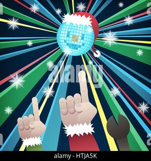 Christmas disco party with hands of santa claus, elf and reindeer group dancing under snowman mirror ball wearing santa hat Stock Vector