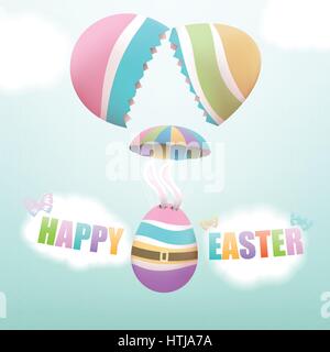 Colorful Easter egg with bunny's ears parachuting from big broken egg, with butterflies and clouds in the sky Stock Vector